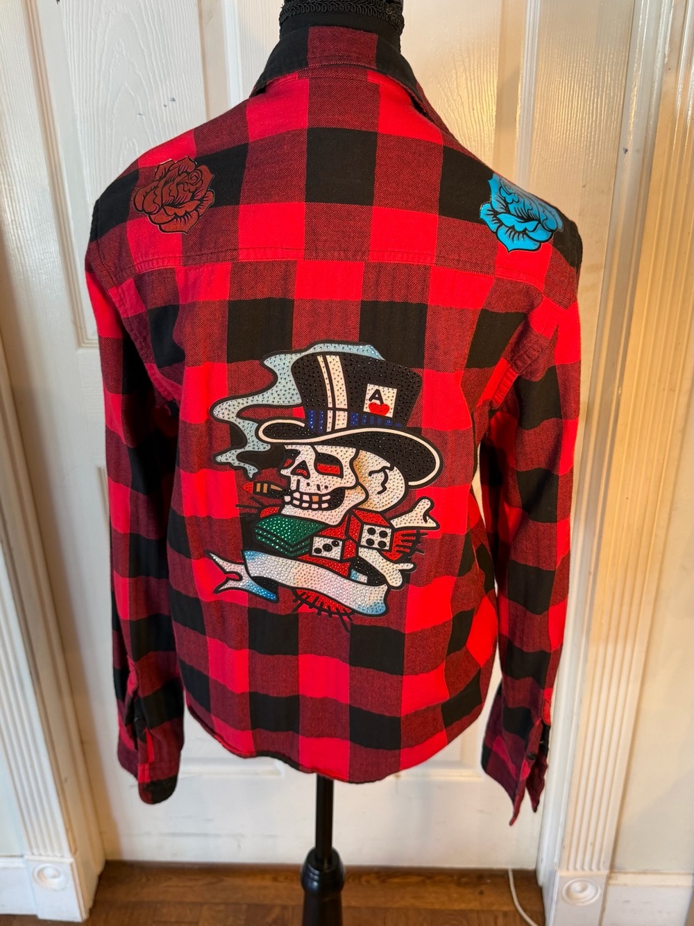 Red & Black Buffalo Plaid Flannel Jacket with Skull Patch